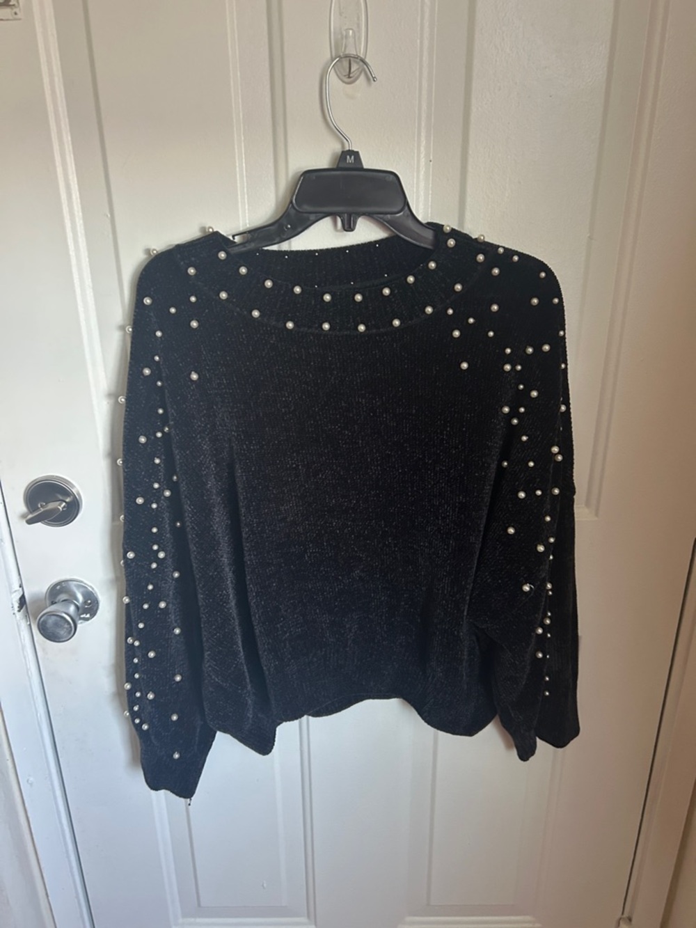 crown & ivy Black Knit Sweater with Pearl Trim